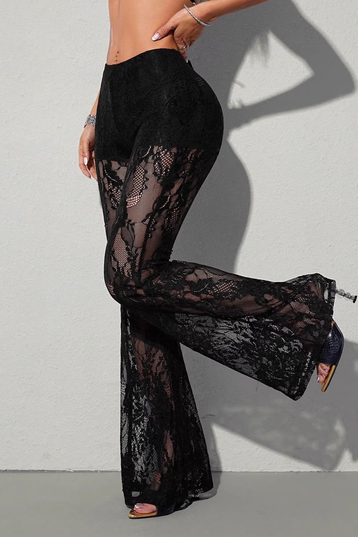 Chic Lace Panel Flared Mesh Pants