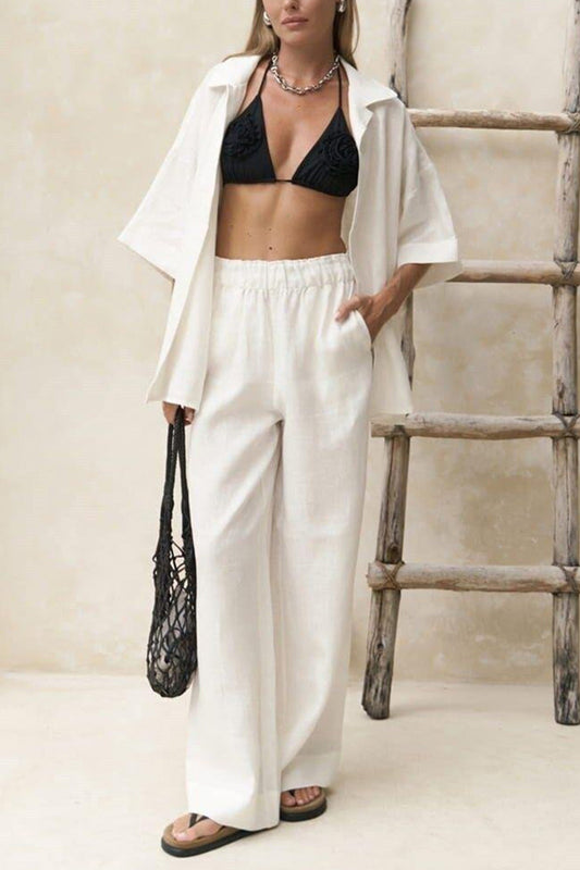 Solid Color Cotton Half Sleeve Blouse Pants Set