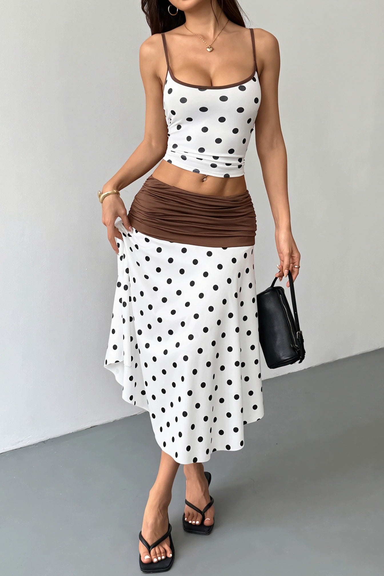 Sexy Polka Dot Tie Back Crop Top Two Tone Skirt Sets