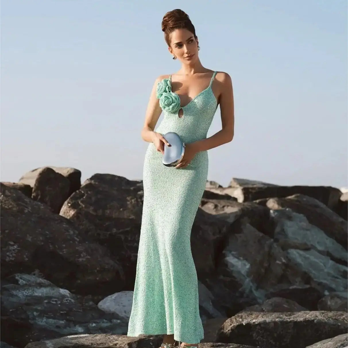 Mint Green Sequins Spaghetti Party Dress