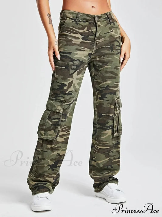Camouflage Women's Cargo High Wist Vintage Baggy Denim Straight Casual Fashion Jean