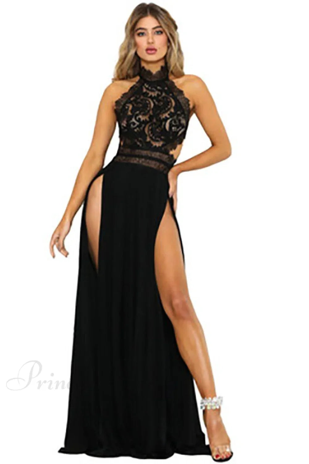 lady's Sexy See-Through lace Nude Back High Slit Dress