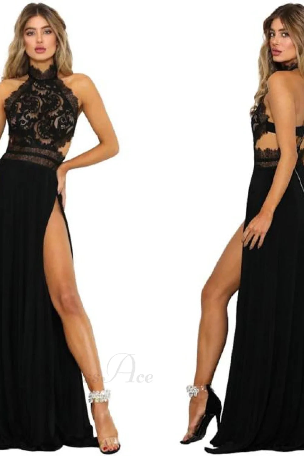 lady's Sexy See-Through lace Nude Back High Slit Dress