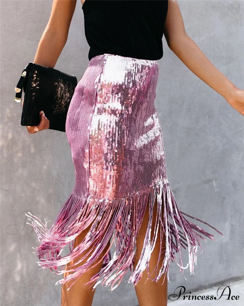 Sequin Tassel Tight Midi Skirt