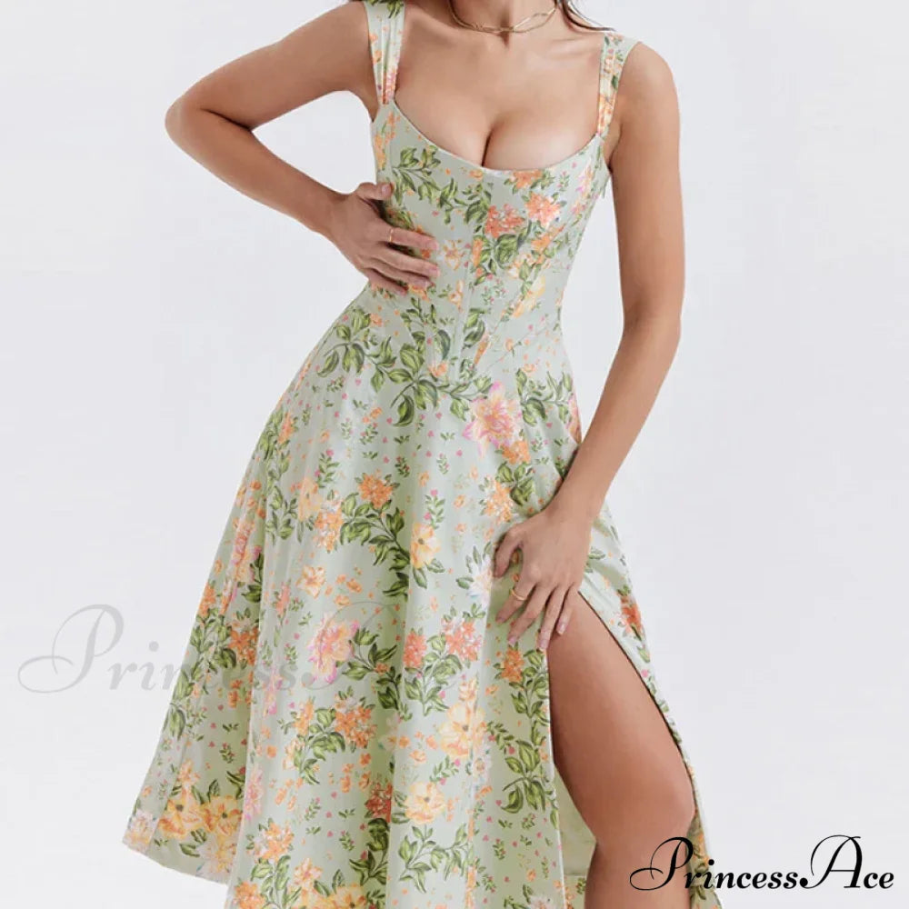 Slip Spring and Summer Thin Ribbon Split Long es for Women Floral Dress
