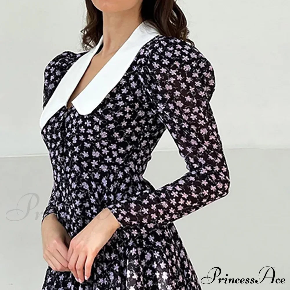 Spring French Puff Sleeve Women's Doll Collar Waist Long Sleeve A-Link Skirt Summer Floral Dress