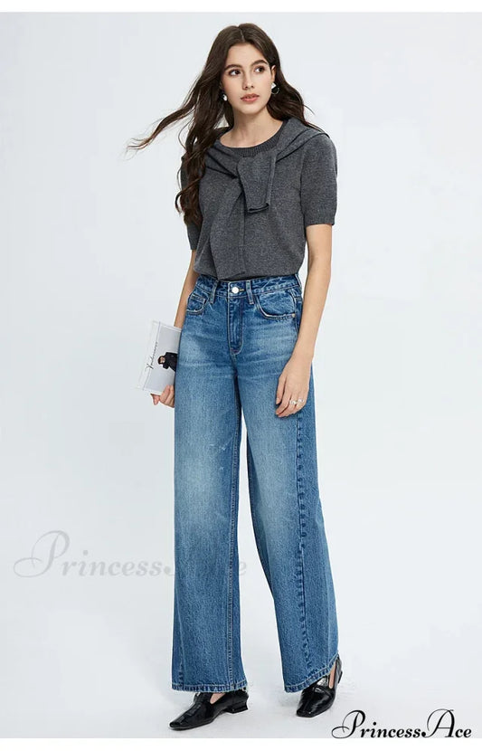 Spring New High-waisted Loose Slimming Wide-leg Denim Versatile Floor-length Jean