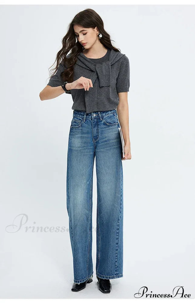 Spring New High-waisted Loose Slimming Wide-leg Denim Versatile Floor-length Jean