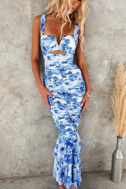 Floral Print Ruched Fishtail Dress