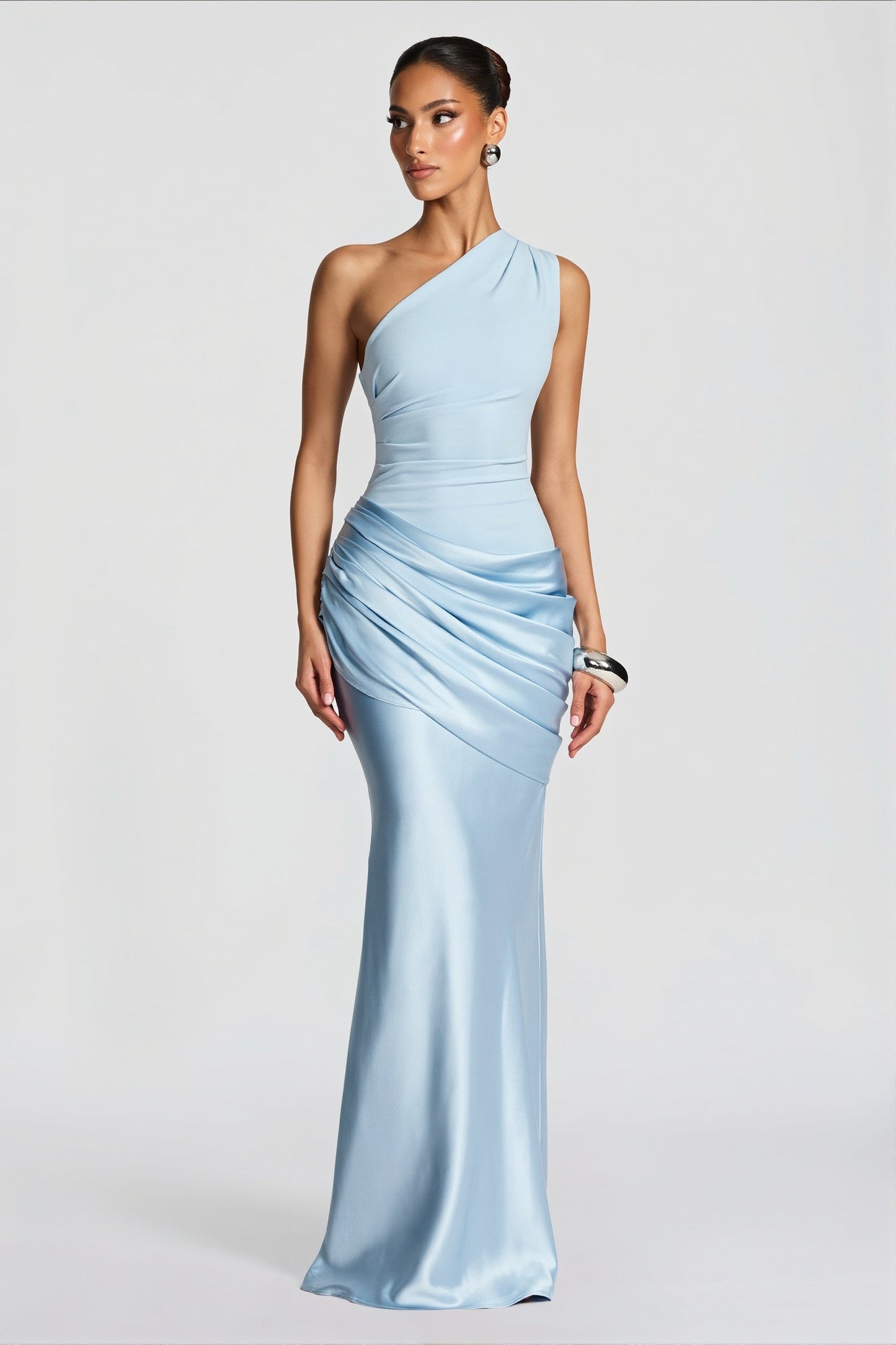Satin Splice Ruched Slim Maxi Dress