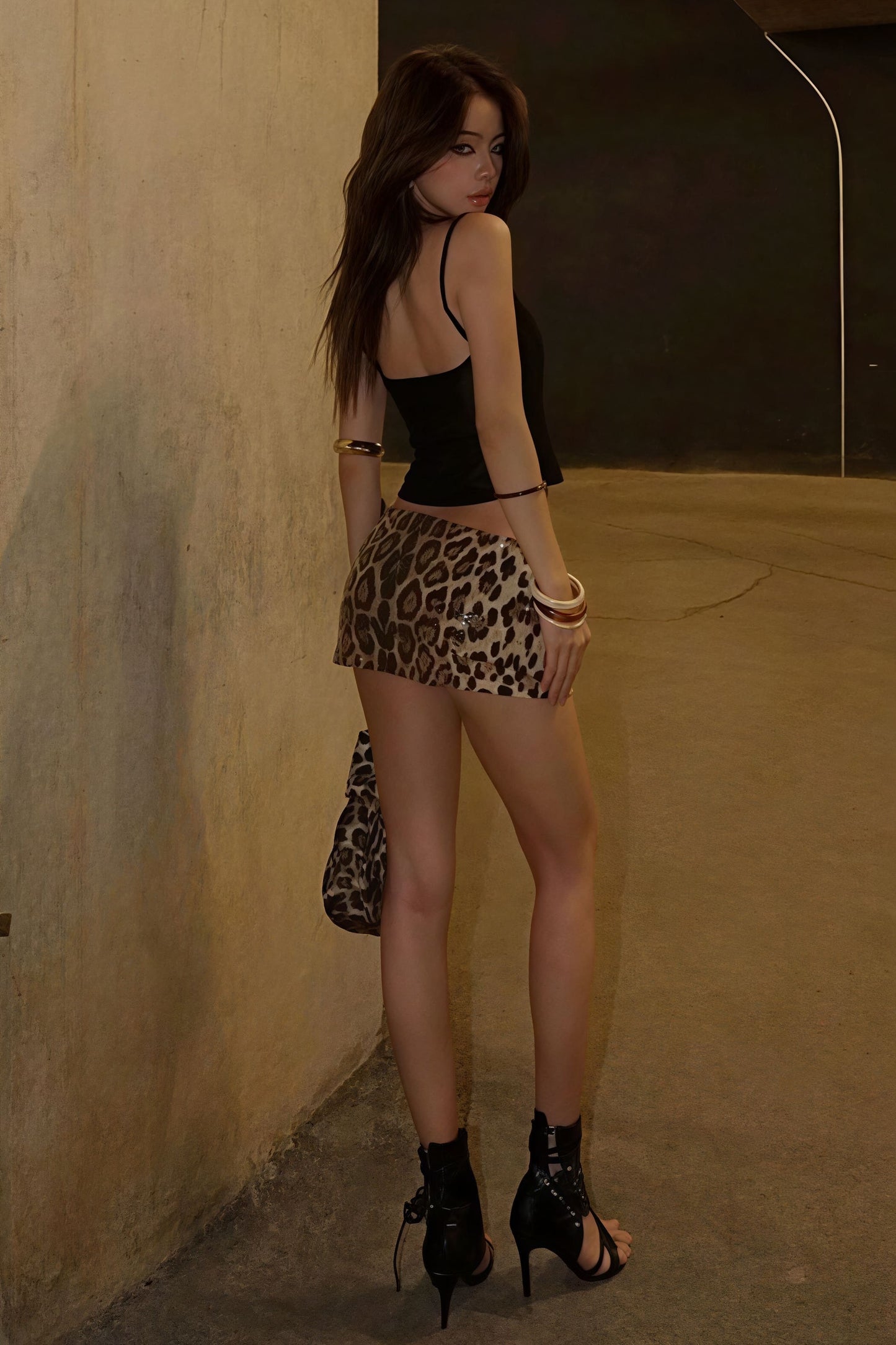 Stylish V Neck Two Piece Sheer Leopard Print Cami Top
