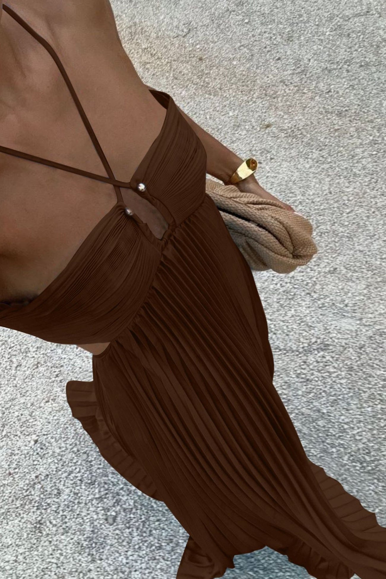 Halterneck Cutout Pleated Maxi Dress