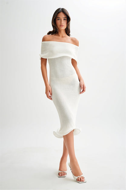 Ruffle Off Shoulder Knit Midi Dress