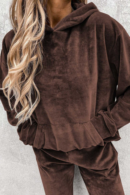 Velour Solid Color Hoodie Long Pants Set