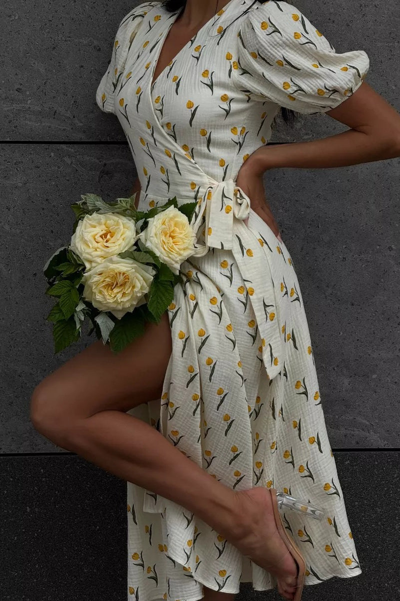 Printed Puff Sleeve Cotton Midi Dress