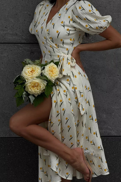 Printed Puff Sleeve Cotton Midi Dress