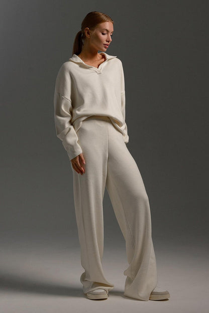 Polo Collar Knit Pullover Wide-Leg Pants Two Piece Set