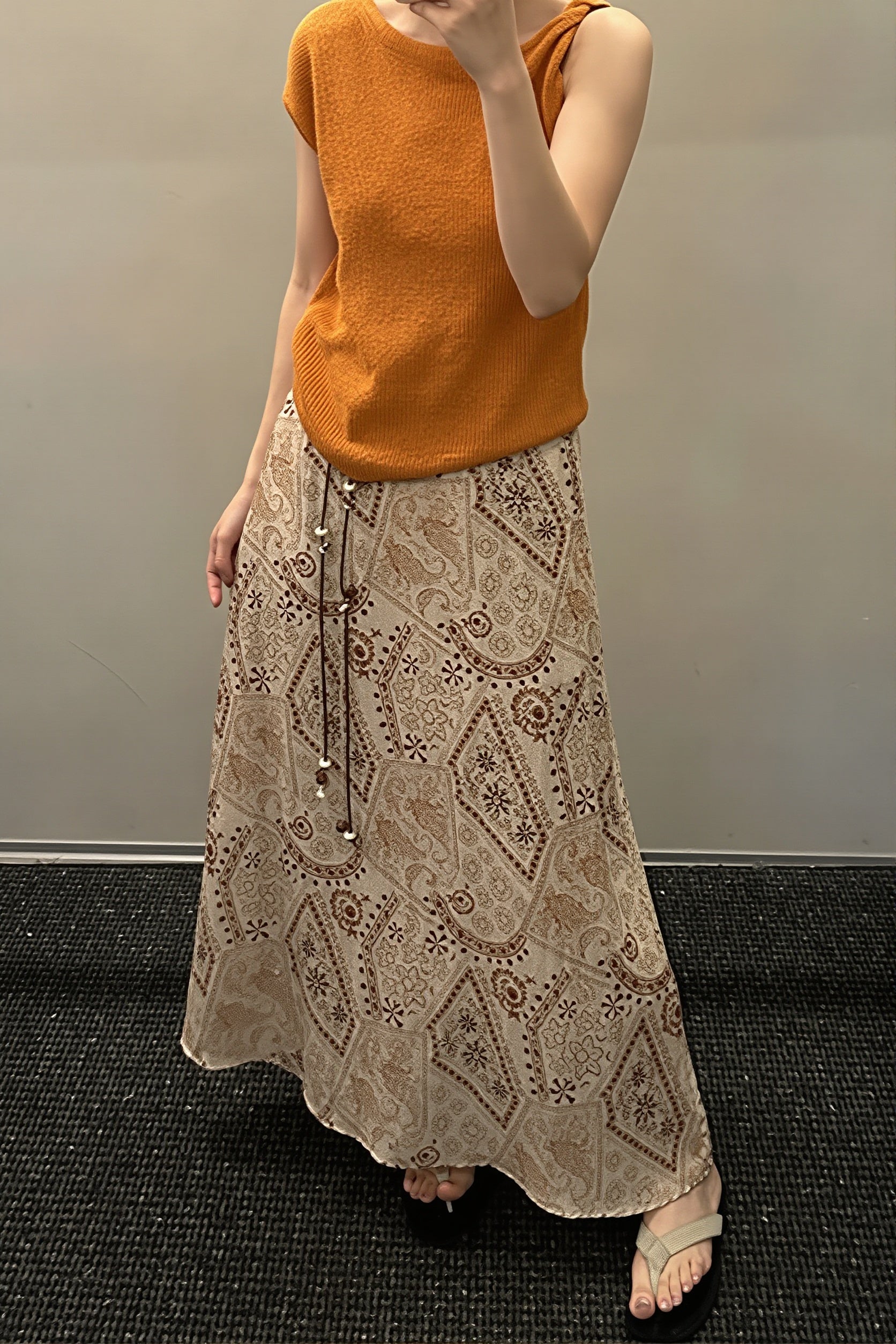 Vintage Print Beaded Belt A Line Maxi Skirt