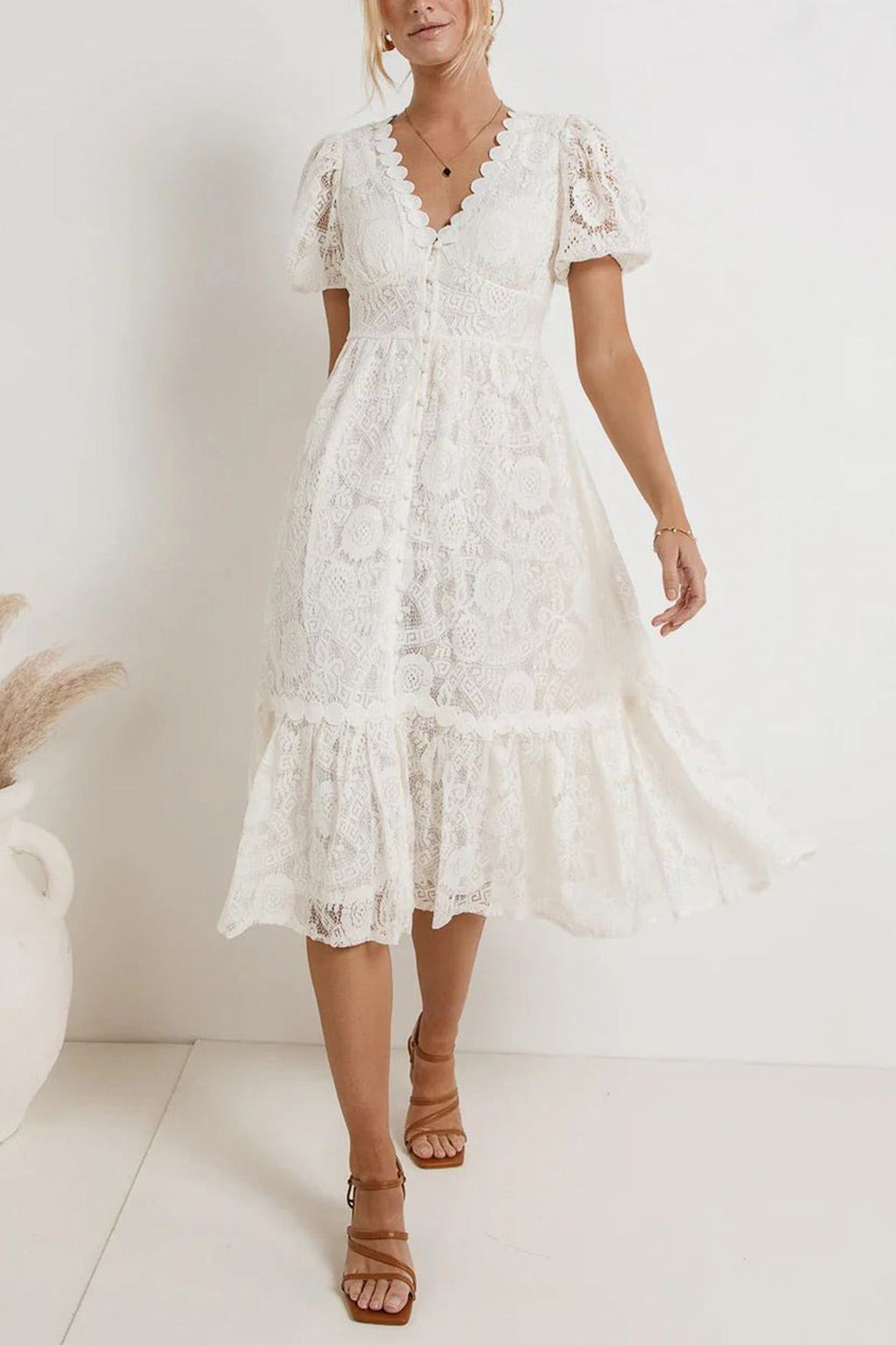 Lace Single-breasted Midi Dress
