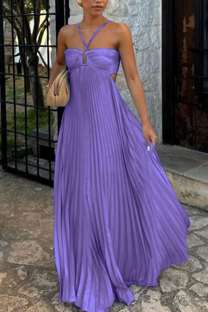 Halterneck Cutout Pleated Maxi Dress