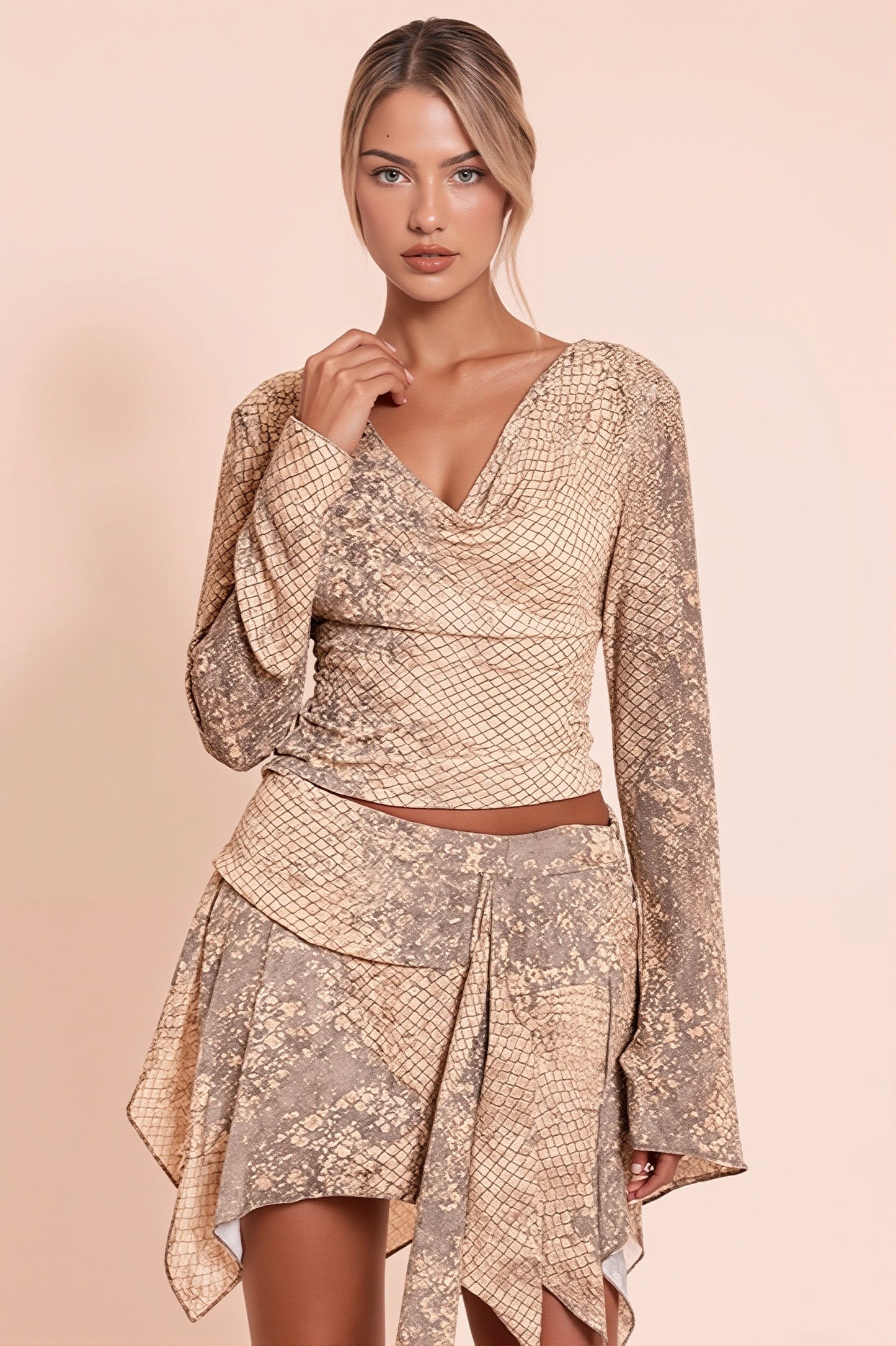 Flowy Snake Print Tie Detail Skirt Set