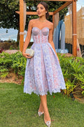 Elegant Lace Strapless Solid Midi Dress