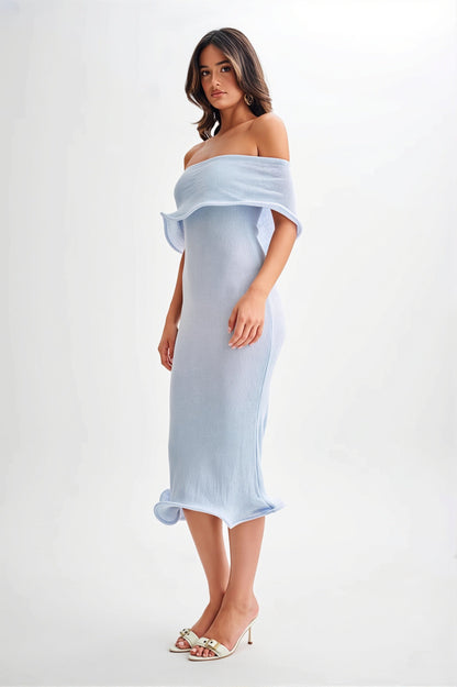 Ruffle Off Shoulder Knit Midi Dress
