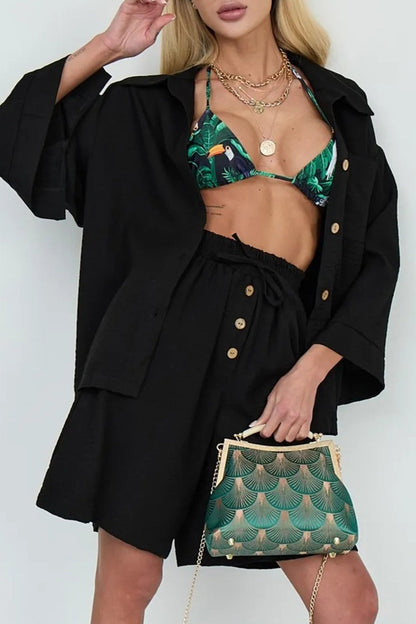 Solid Color Shirt Single-breasted Bermuda Shorts Set