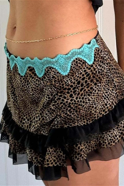 Ruched Lace Color Block Leopard Skirt
