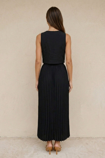 3D Floral Vest Pleated Maxi Skirt Set