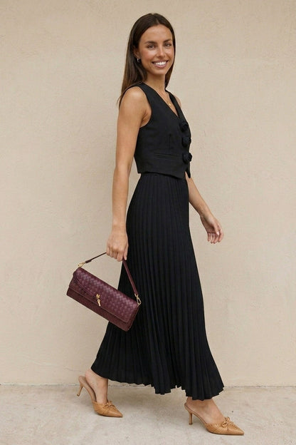 3D Floral Vest Pleated Maxi Skirt Set