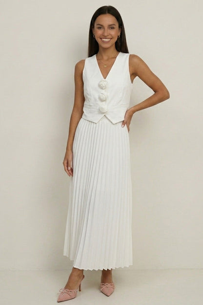 3D Floral Vest Pleated Maxi Skirt Set
