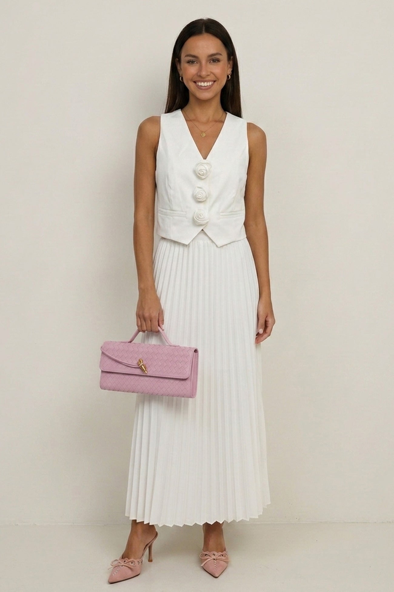 3D Floral Vest Pleated Maxi Skirt Set