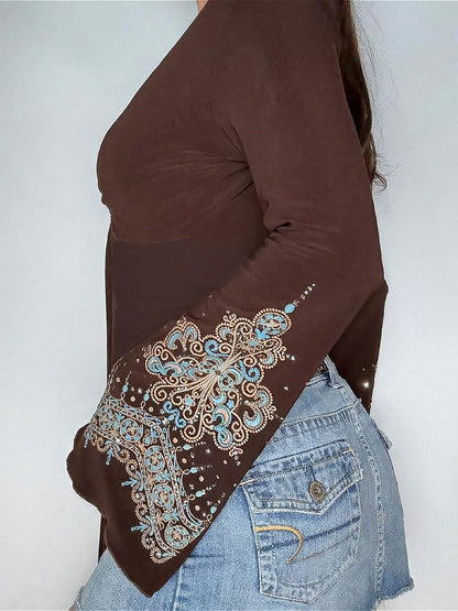 Vintage V Neck Printed Long Sleeve Long Sleeve Tee