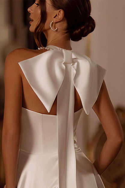 Elegant Satin Halter Train Reception Dress