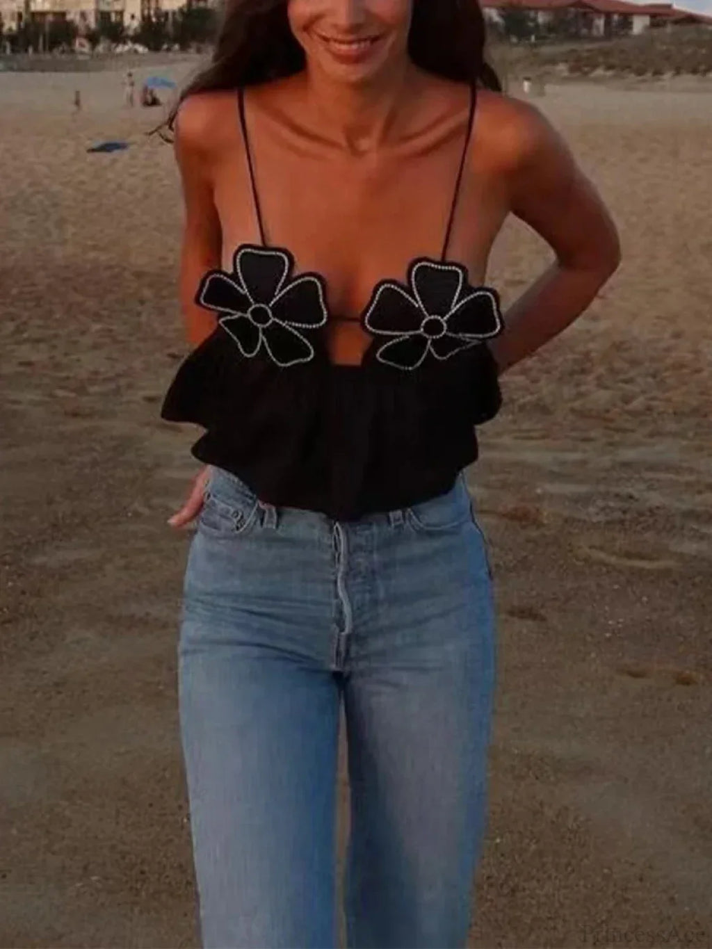 3D Flower Spaghetti Strap Backless Crop Top