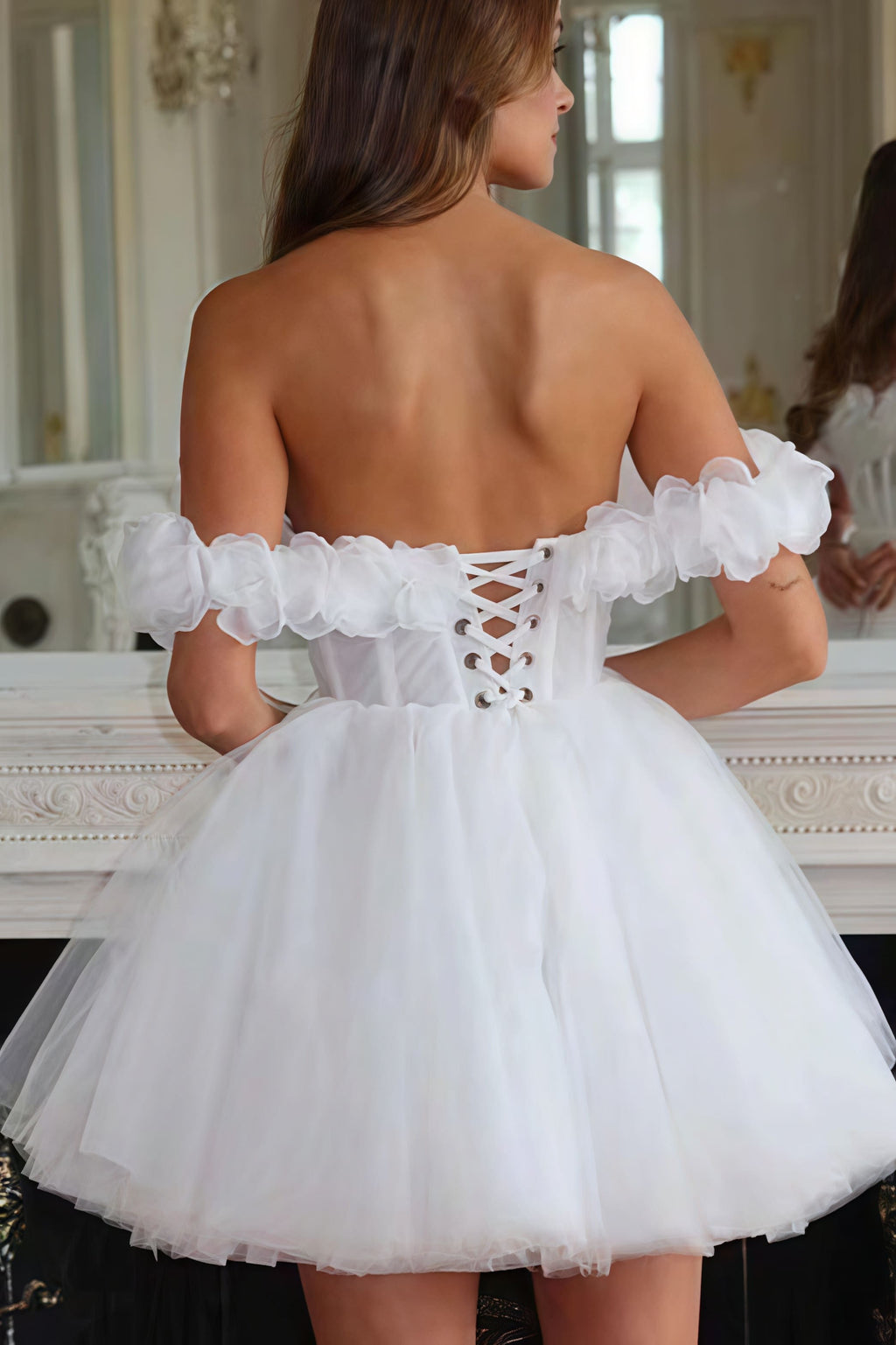 Elegant Off Shoulder Flower Boned Tulle Reception Dress