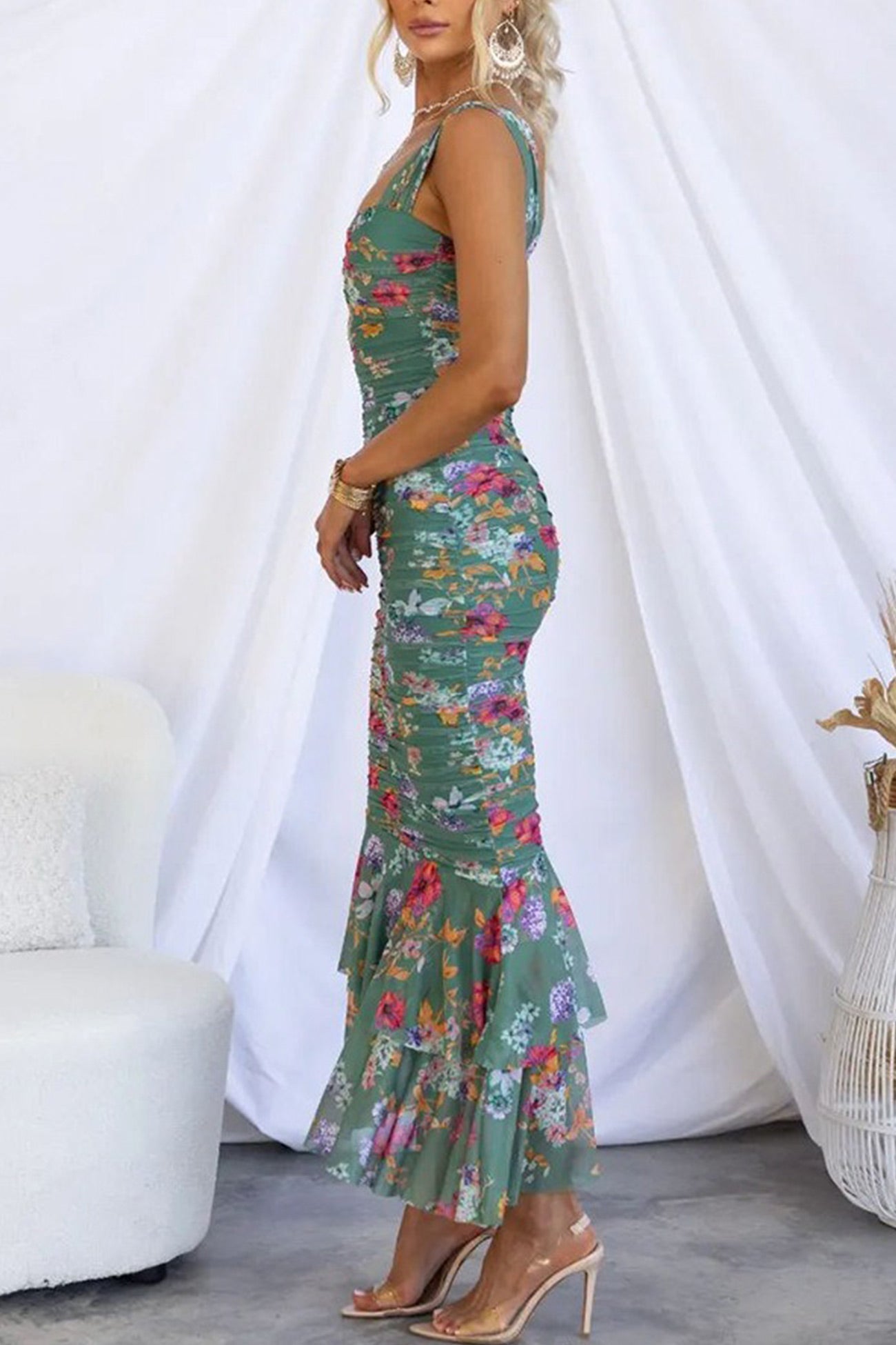 Floral Print Ruched Fishtail Dress