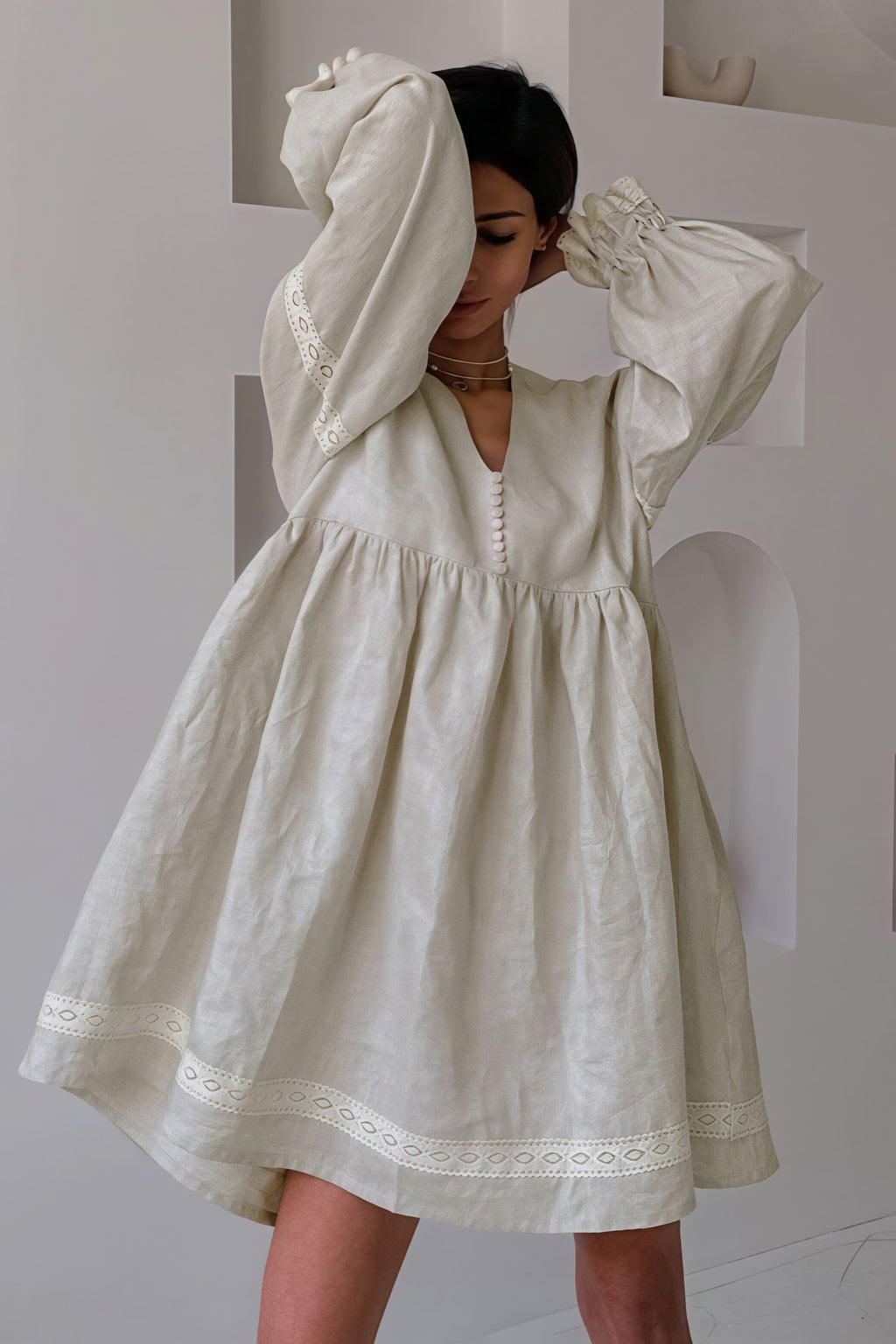Cotton Linen V Neck Lantern Sleeve Loose Mini Dress
