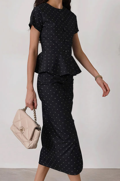 Polka Dot Print Short Sleeve Bodycon Skirt  Set