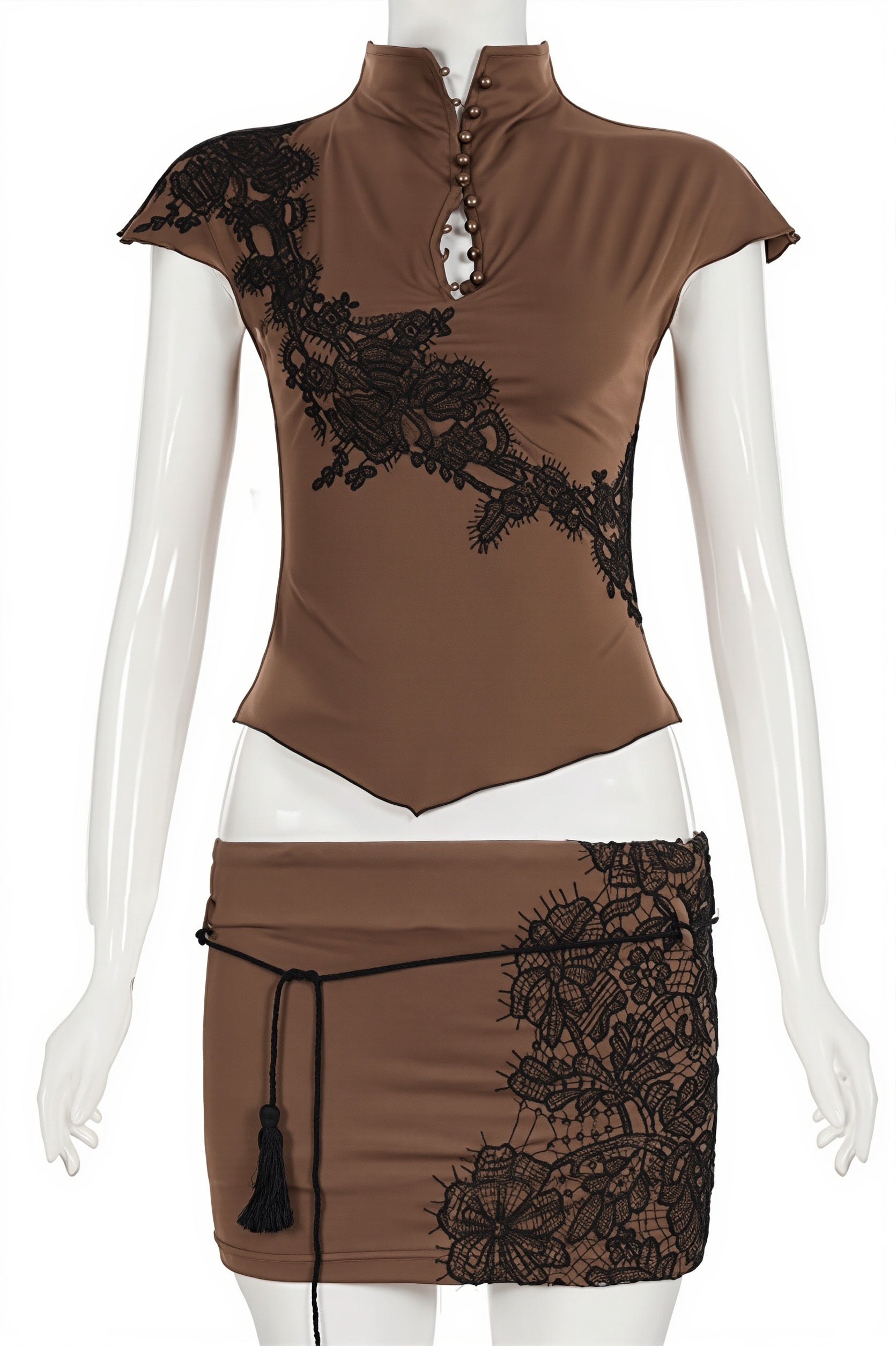 Stand Collar Hollow Lace Patch Skirt Set