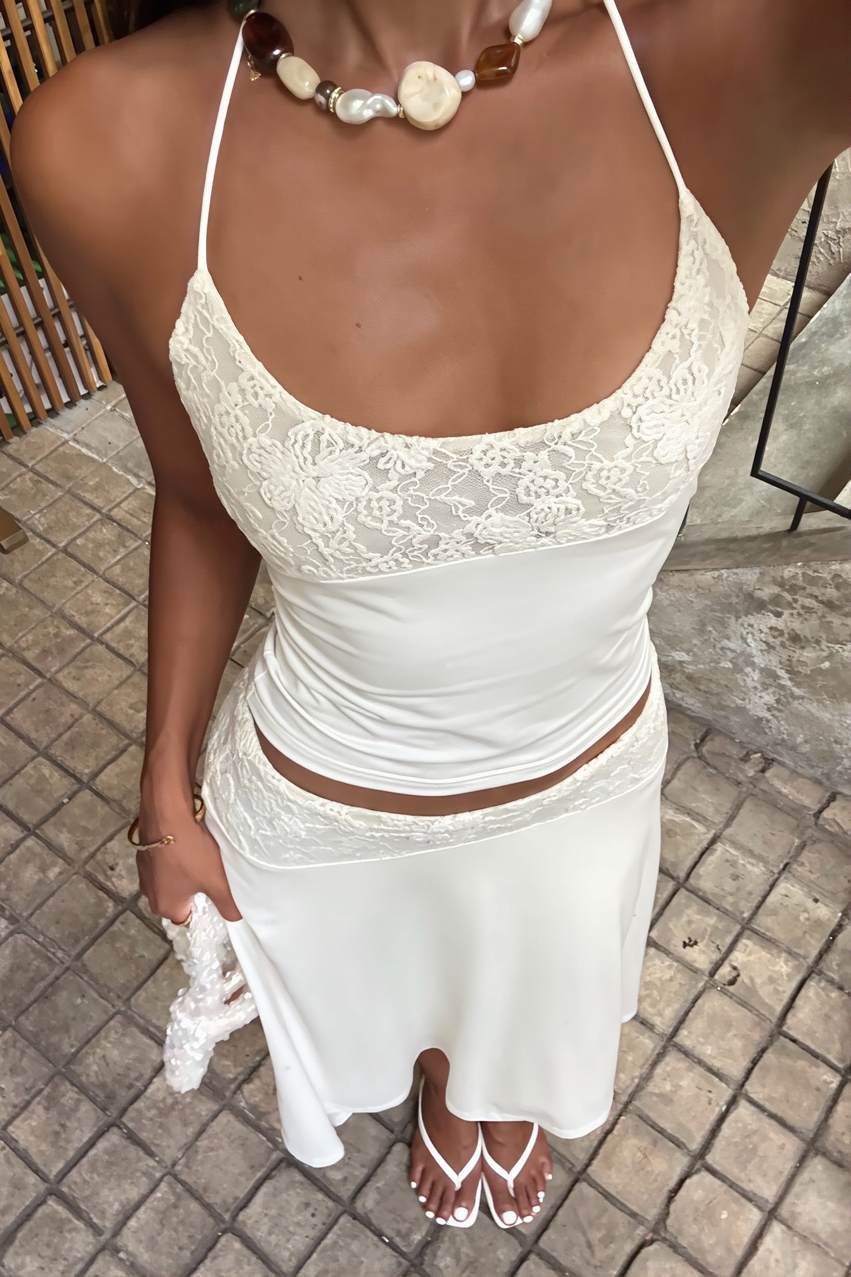 Elegant Lace Trim Cami Top High Rise Asymmetric Skirt Sets