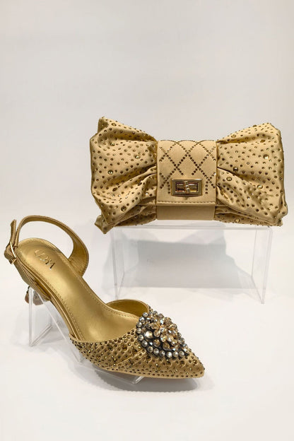 Pointed Rhinestone High Heels With Bow Hand Bag