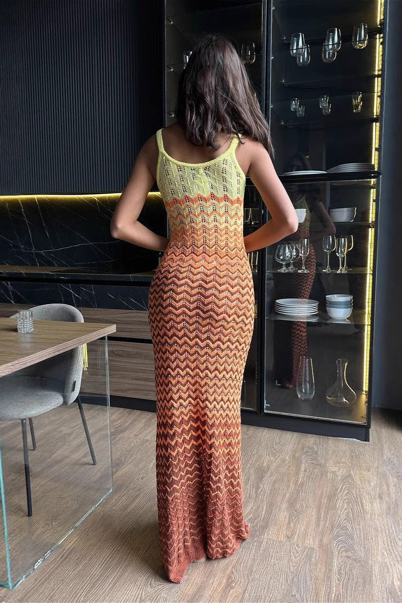 Color Block V Neck Cami Fitted Knit Maxi Dress