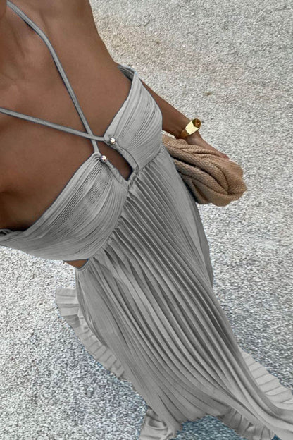 Halterneck Cutout Pleated Maxi Dress
