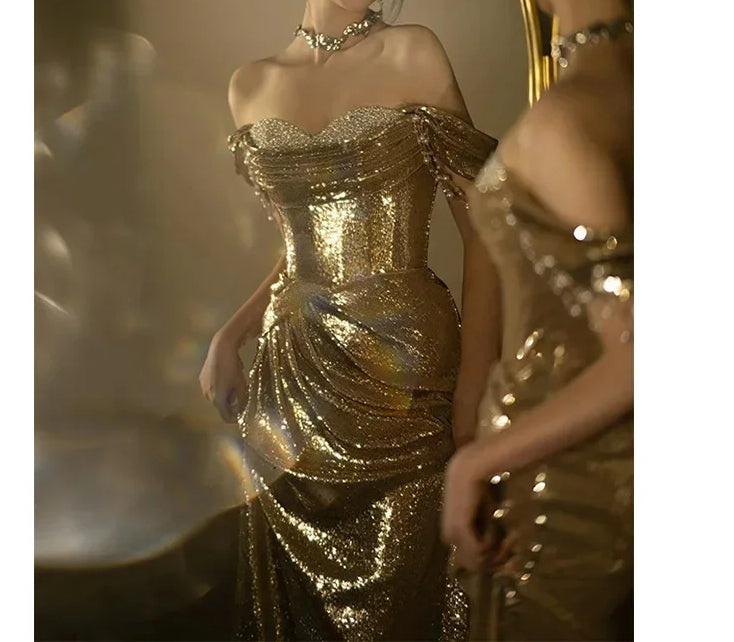 Golden Backless Sequined Party Dress