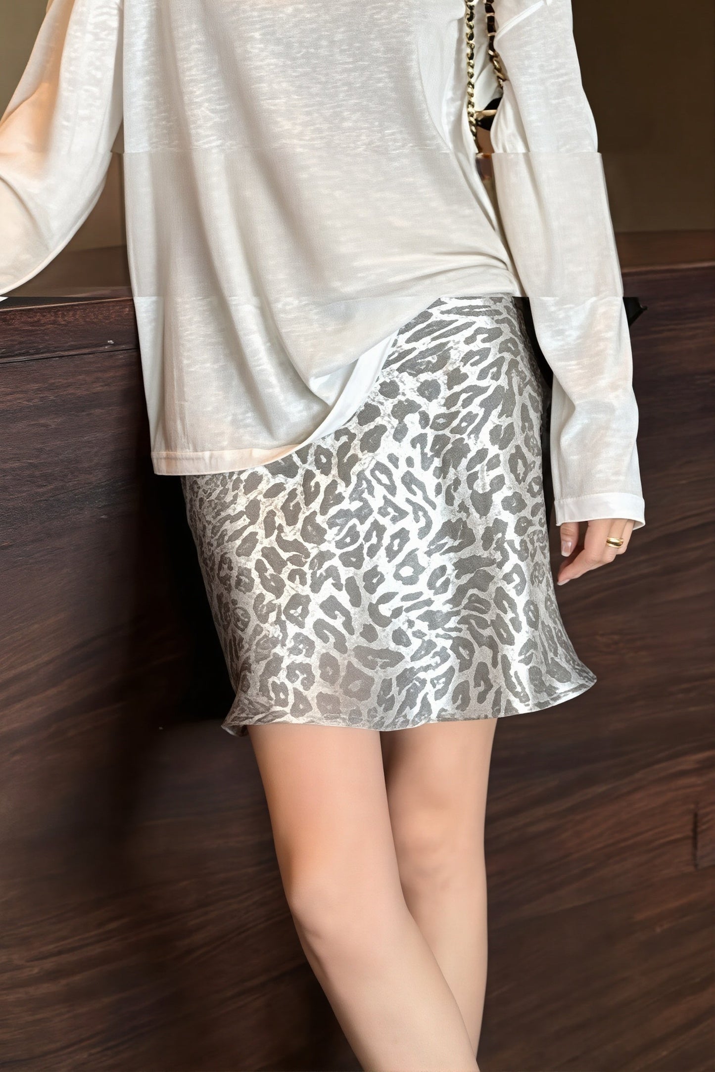 Silver Leopard Print High Waist Skirt