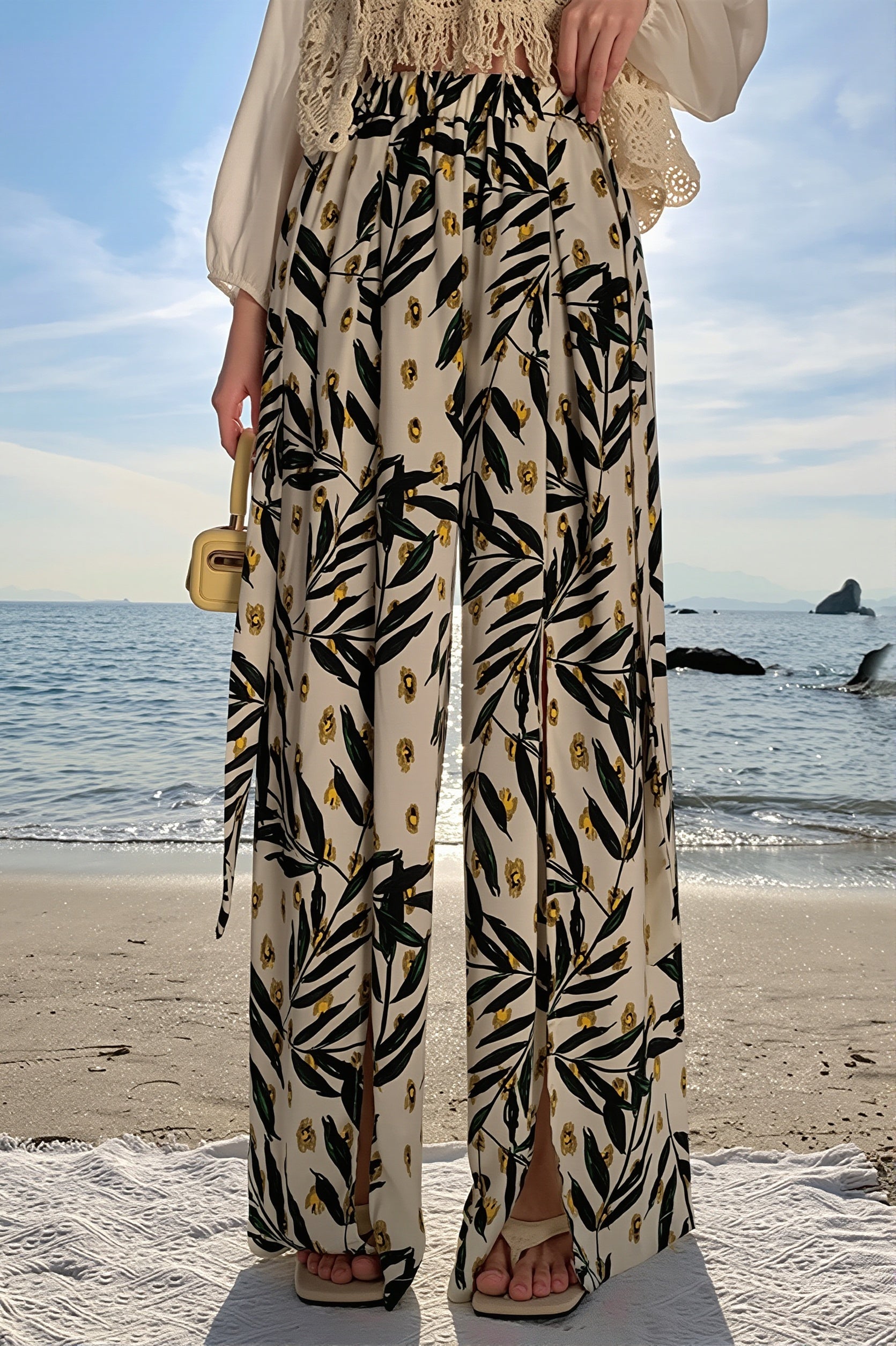 Boho Beach Split Floral Wide Pants