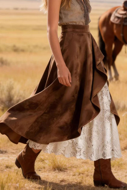 Vintage Suede Lace Panel Midi Skirt