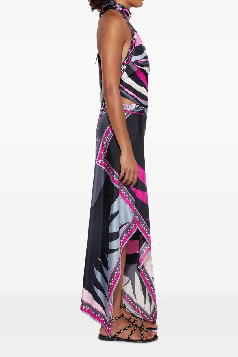 Satin Printed Halter Backless Skirt Set